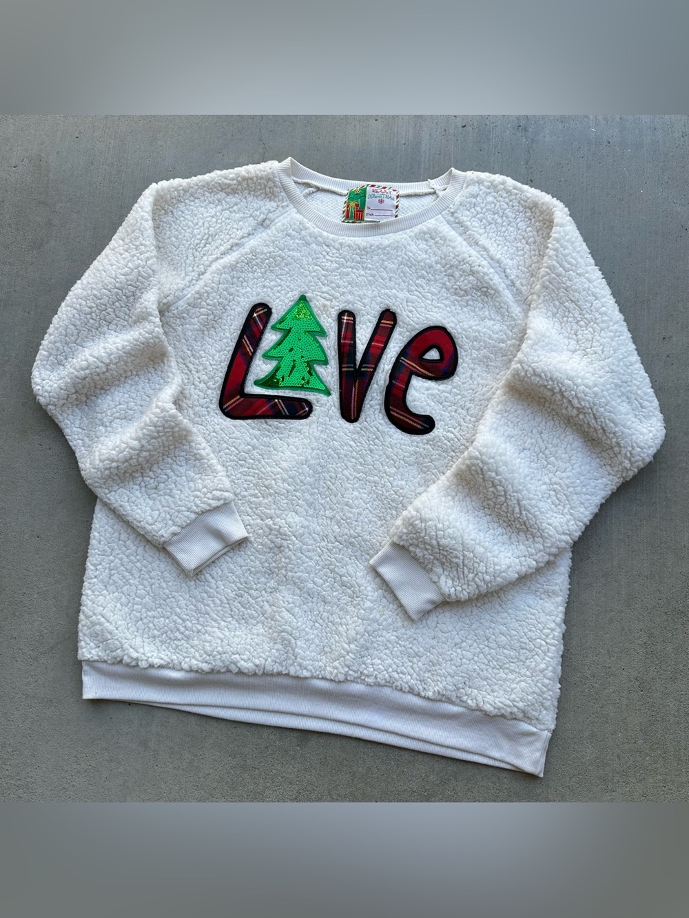 Women’s White Sherpa Crewneck Sweatshirt Christmas LOVE Size XL